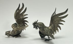 A pair of Mid Century brass metal rooster figurines, each with raised tails (h. 20cm) (2)