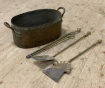 A three-piece brass fire companion set, together with a twin-handled copper basin (4): H. 56cm L.