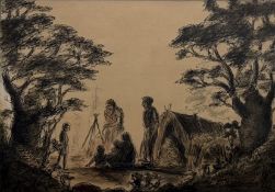A 19thc School, Rural Setting up camp scene with figures round a firepit, ink and wash on coloured