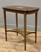 An Edwardian inlaid mahogany lamp table, inlaid satinwood patera and crossbanded top, raised on