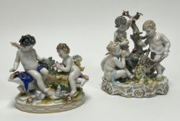 A porcelain figural group of three putti, modelled with a wheelbarrow, apple, and holding a