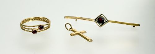 A 9ct gold cross pendant: l. x 2.5cm 0.8g together with an Edwardian 9ct gold bar brooch set with