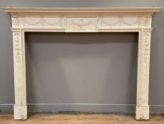 A modern Adam-style pine and gesso fire surround, moulded cornice over central urn and floral swag