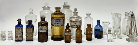 A collection of 20thc medical glassware, comprising various medical glass bottles and stoppers, each