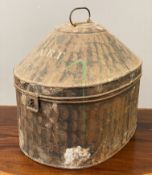An early 20th century tolewear military officer's hat box, patinated finish bearing Hawkes & Co.