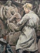 Alexander Rhind (British 1929-1955) Sculpture in the Studio working, oil on board, signed and
