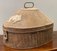 An early 20th century tolewear military officer's hat box, patinated finish bearing Italian shipping