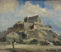 A Russell, View of Edinburgh Castle, oil on board, signed and dated 1973 bottom right, in a gilt