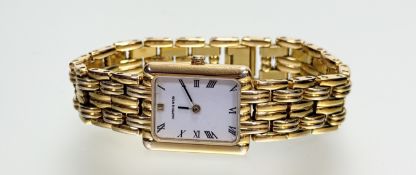 A Mappin & Webb gilt metal tank-style quartz wristwatch with a white dial and roman numerals: l. x