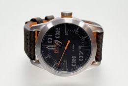 A Hugo Boss brushed stainless steel quartz wristwatch with a black dial and arabic and baton hour