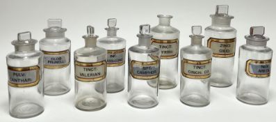 A collection of nine 20thc clear glass medicine bottles and stoppers of varying sizes, each with
