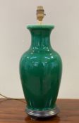 A Chinese vase table lamp, of baluster form with emerald green crackle glaze, on wooden stand: H.