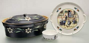 A large pottery french faience decorated lidded tureen (h-17.5cm l-43cm), a Villeroy & Boch 