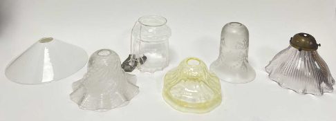 A mixed collection of six glass lamp shades, late 19thc/early 20thc, comprising a milk glass shade