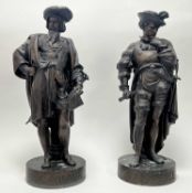 A pair of French spelter figures of A. Vespuce and Christopher Columbus, raised on circular