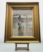 C.E.Phillips, Beach with female figure with donkey and fisherman to background, watercolour,