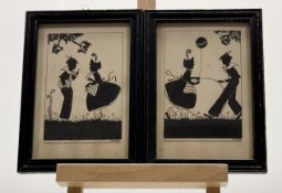 A pair of Victorian Silhouette figural scenes, each depicting a girl and boy playing outside