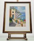 Silvio Valli (Italian 1944-), House terrace overlooking the coast, acrylic on canvas, signed
