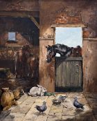 Donna Crawshaw (Britsh 1960-), Farm animals in the stables, oil on canvas, signed bottom left, in