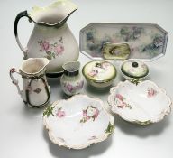 A collection of Pink Rose decorated wares comprising, a 1920's style pitcher with pink roses to