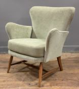 A mid-century tub lounge chair, probably Ercol, curved back and shaped arms upholstered in soft