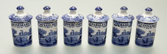 A collection of six Copeland Spode Italian blue and white lidded spice jars reading - Rosemary,