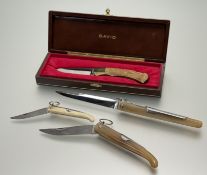 A collection of folding knifes comprising, a graduated trio of French Fait-Main J. Mongin Inox