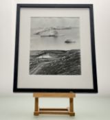 A black and white 1980's photograph of Beautiful icebergs along Greenlands West Coast, heading for