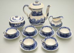A collection of Copeland Spode 1930's Italian pattern blue and white part coffee service comprising,