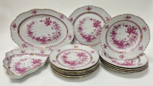 A Herend porcelain part dinner service in the raspberry 'Indian Basket' pattern, decorated with
