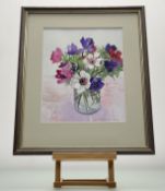 Morag M Harrison, Anemones in a jam jar, watercolour, signed pencil bottom right, paper label verso,