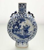 A 19thc Chinese blue and white moon flask vase, with a figural scene to centre enclosed within a