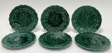 A collection of six Villeroy and Boch late 19thc/Early 20thc green leaf majolica plates with