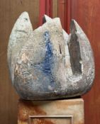 A painted ceramic abstract modernist garden sculpture modelled with four vertical elements. Height