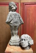 A composition stone garden figure of a young girl holding the hem of her skirt; together with a