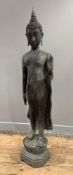 A pair of weathered patinated metal garden figures of Buddha (a/f), each modelled standing with left