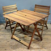 A pair of Rowlinson Garden Furniture folding slatted chairs together with a folding slatted table en