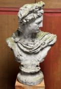 A large weathered painted moulded composition bust of the Apollo Belvedere. Height 80cm