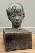 20th Century School, Bust of a Young Girl, unsigned, ceramic, mounted on a wooden block. Height