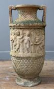 A terracotta twin-handled garden urn, in the Neoclassical style, decorated in relief with putti.