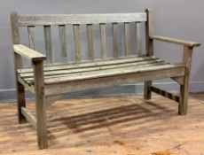 A vintage weathered Burmese teak slatted garden bench. 78cm by 121cm by 49cm