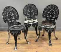 A set of three painted cast-metal garden chairs in 19th century style, modern, each with leaf-cast