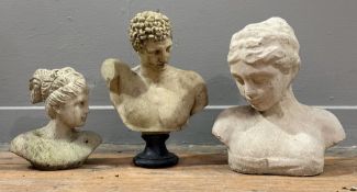 Three small ceramic and composition busts in Classical style. (3) Tallest 30cm.