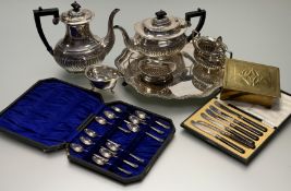 A collection of epns to include a presentation scalloped drinks tray: d. x 37cm, a four-piece half