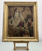 A Victorian woolwork scene depicting a Family scene of a Mother with her three children, in a glazed