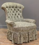 A 19th century slipper chair, arched button-back with scroll arms, upholstered in Morris & Co
