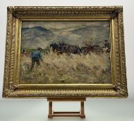 A late 19thc School, Farmers Harvesting at Ochil Hills, oil on board, signed indistinctly bottom