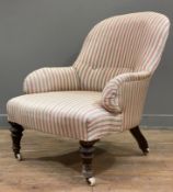 A 19th century slipper chair, arched top and open arms upholstered in green and red striped