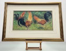 A 20thc School, A Flock of Roosters, oil pastel on coloured paper, signed indistinctly bottom right,