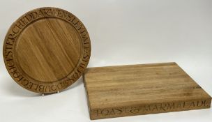 An Emma Bridgewater circular oak cheese board, with 'CHEDDAR, WENSLEYDALE, STILTON & DOUBLE